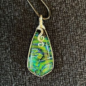 Wire Wrapped Dichroic Blue & Green Glass Pendant on Black Leather 18” Necklace